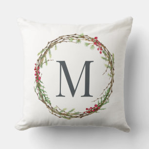 Rustikaler Winter Greenery Berries Monogram-Kranz Kissen