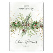 Rustikaler Winter Greenery Glitzer Hochzeit Platzk Tischnummer (Vorderseite)