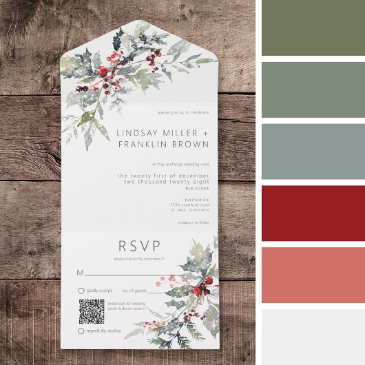 Rustikaler Winter Holly Berries & Snow QR Code All In One Einladung