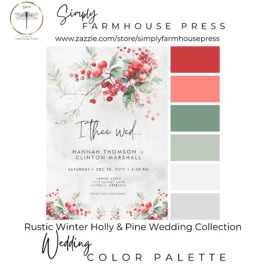 Rustikaler Winter Holly & Pine Wedding QR Code All In One Einladung