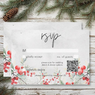 Rustikaler Winter Holly & Pine Wedding QR Code RSVP Karte