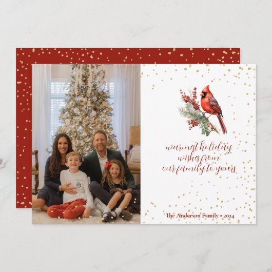 Rustikaler Winter Kardinal Holly Branch Feiertagskarte (Vorne/Hinten)