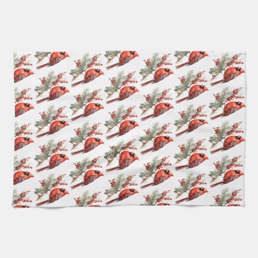 Rustikaler Winter Kardinal Holly Branch Geschirrtuch (Horizontal)
