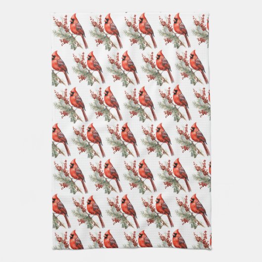 Rustikaler Winter Kardinal Holly Branch Geschirrtuch (Vertikal)