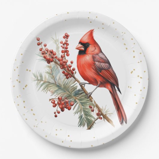 Rustikaler Winter Kardinal Holly Branch Pappteller (Vorderseite)
