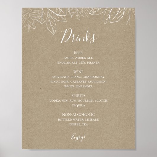 Rustikaler Winter | Kraft Wedding Drinks Menu Sign Poster (Vorne)