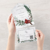 Rustikaler Winter Kranz & Roter Kardinal QR-Code All In One Einladung (Abreißen)