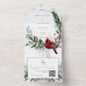 Rustikaler Winter Kranz & Roter Kardinal QR-Code All In One Einladung (Innen Boden)
