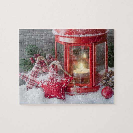 Rustikaler Winter Lantern Weihnachtsschnee Puzzle (Horizontal)