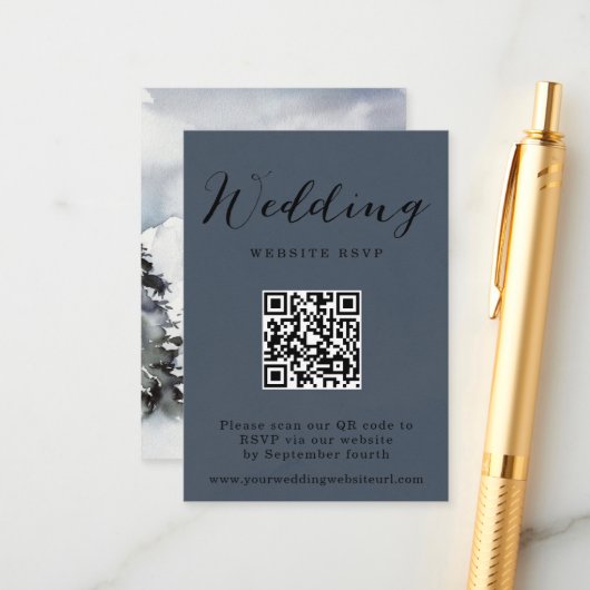 Rustikaler Winter Mountain QR Code Wedding Respons Begleitkarte (Vorderseite/Rückseite Beispiel)