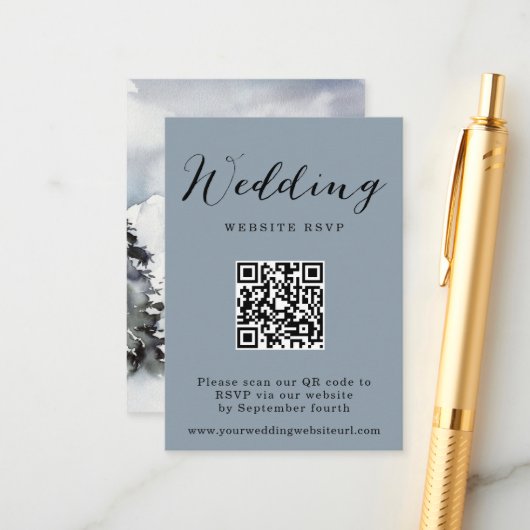 Rustikaler Winter Mountain QR Code Wedding Respons Begleitkarte (Vorderseite/Rückseite Beispiel)