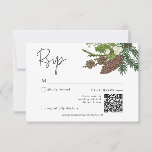 Rustikaler Winter Nature & Pine QR Code RSVP Karte (Vorderseite)