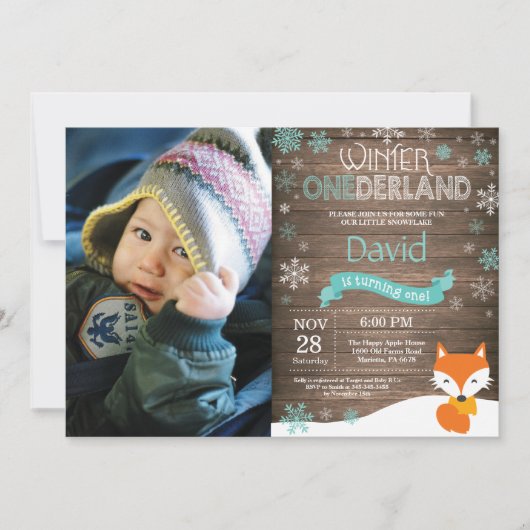 Rustikaler Winter Onederland Fox 1. Geburtstag Einladung (Vorderseite)