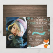 Rustikaler Winter Onederland Fox 1. Geburtstag Einladung (Vorne/Hinten)