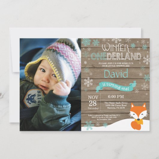 Rustikaler Winter Onederland Fox 1. Geburtstag Einladung (Vorderseite)