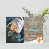 Rustikaler Winter Onederland Fox 1. Geburtstag Einladung (Stehend Vorderseite)