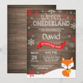 Rustikaler Winter Onederland Fox 1. Geburtstag Einladung (Vorne/Hinten)
