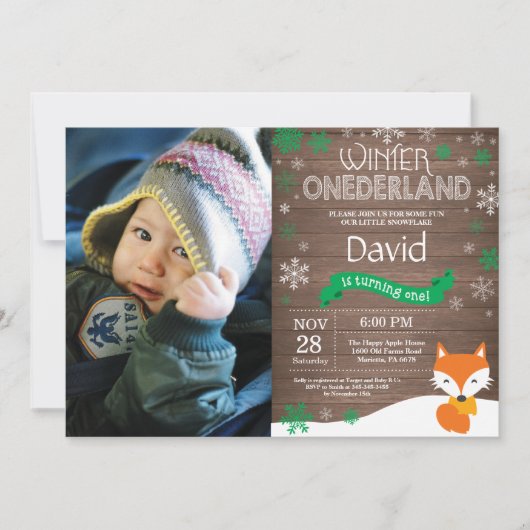 Rustikaler Winter Onederland Fox 1. Geburtstag Einladung (Vorderseite)