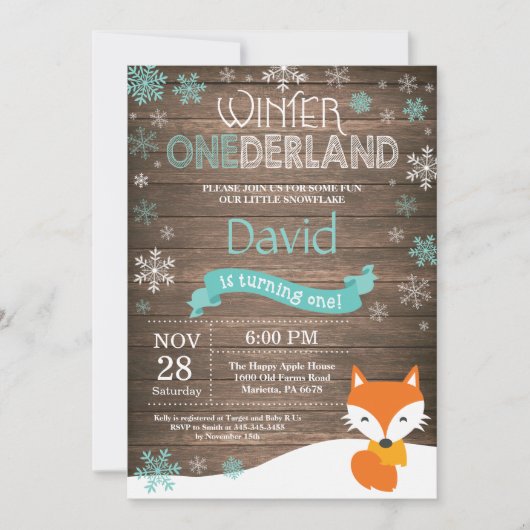 Rustikaler Winter Onederland Fox 1. Geburtstag Einladung (Vorderseite)