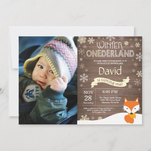 Rustikaler Winter Onederland Fox 1. Geburtstag Einladung (Vorderseite)