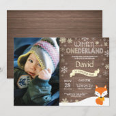 Rustikaler Winter Onederland Fox 1. Geburtstag Einladung (Vorne/Hinten)