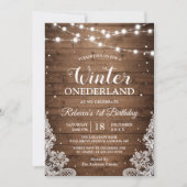 Rustikaler Winter ONEderland Lace Baby erster Gebu Einladung (Vorderseite)