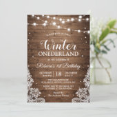 Rustikaler Winter ONEderland Lace Baby erster Gebu Einladung (Stehend Vorderseite)