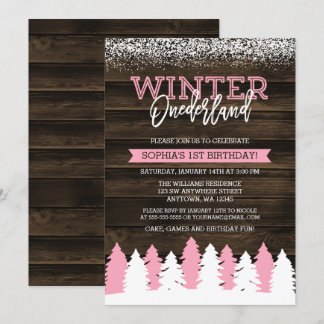 Rustikaler Winter Onederland Pink 1. Geburtstag Ei Einladung