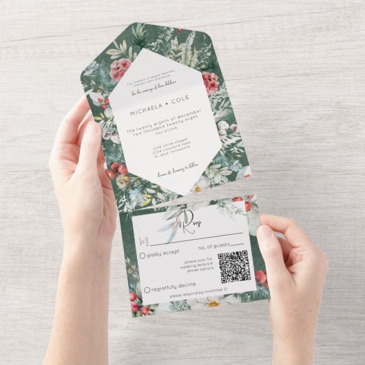 Rustikaler Winter Pine Emerald QR Code All In One Einladung (Abreißen)