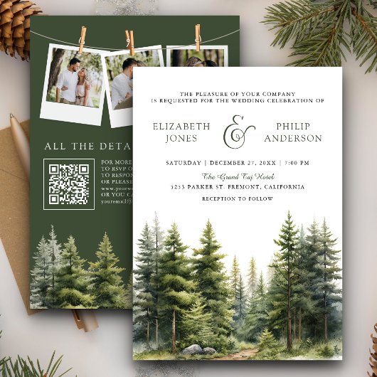 Rustikaler Winter Pine Trees Forest QR Code Hochze Einladung
