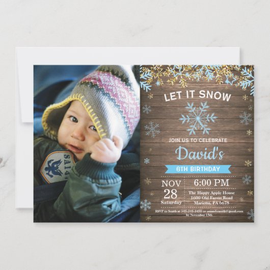 Rustikaler Winter Snowflake Blue Gold Boy Geburtst Einladung (Vorderseite)