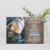 Rustikaler Winter Snowflake Blue Gold Boy Geburtst Einladung (Stehend Vorderseite)