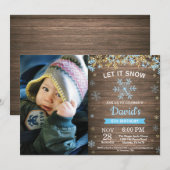Rustikaler Winter Snowflake Blue Gold Boy Geburtst Einladung (Vorne/Hinten)