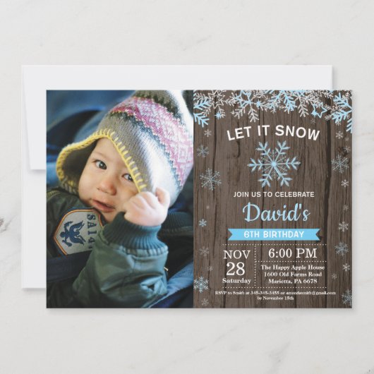Rustikaler Winter Snowflake Blue Silver Boy Geburt Einladung (Vorderseite)