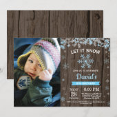 Rustikaler Winter Snowflake Blue Silver Boy Geburt Einladung (Vorne/Hinten)