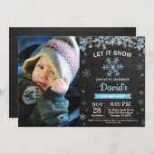 Rustikaler Winter Snowflake Blue Silver Boy Geburt Einladung (Vorne/Hinten)