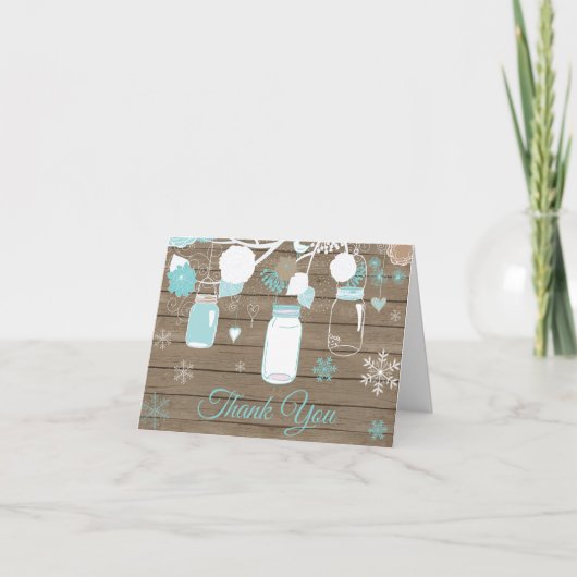 Rustikaler Winter Snowflake Mason Jar Aquamarin Dankeskarte (Vorderseite)