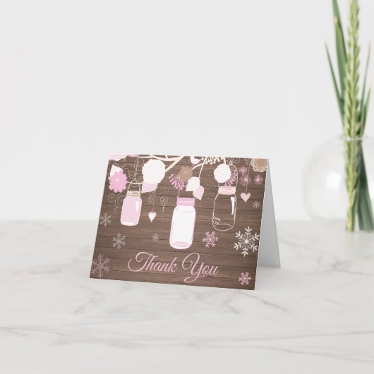 Rustikaler Winter Snowflake Mason Jar Pink Dankeskarte (Vorderseite)