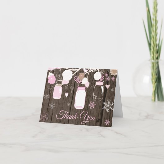 Rustikaler Winter Snowflake Mason Jar Pink Dankeskarte (Vorderseite)