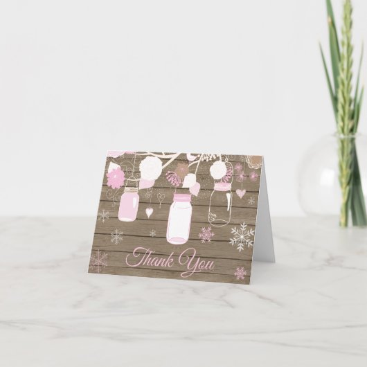 Rustikaler Winter Snowflake Mason Jar Pink Dankeskarte (Vorderseite)