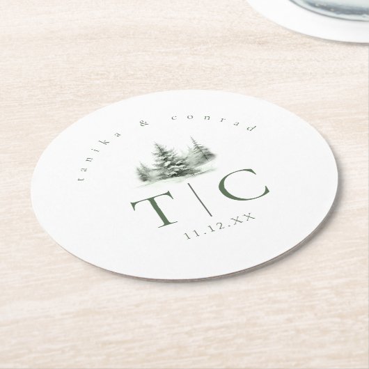 Rustikaler Winter Wedding Forest Green ID1049 Runder Pappuntersetzer (Angewinkelt)