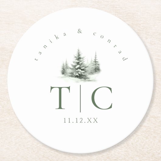 Rustikaler Winter Wedding Forest Green ID1049 Runder Pappuntersetzer (Vorderseite)