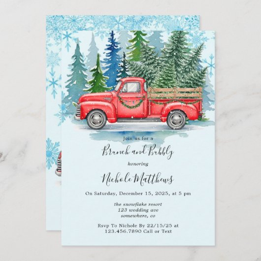 Rustikaler Winter Wedding LKW Brunch und Bubbly Einladung (Vorne/Hinten)