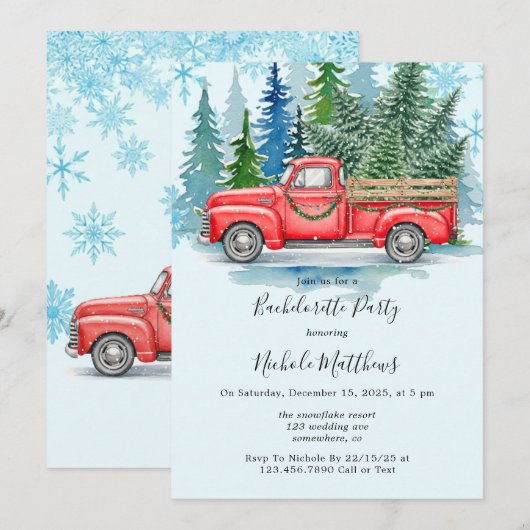 Rustikaler Winter Wedding Truck Junggeselinnen-Abs Einladung (Vorne/Hinten)