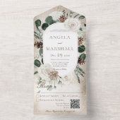 Rustikaler Winter White Floral Gold QR Code All In One Einladung (Innen Boden)