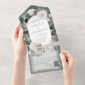 Rustikaler Winter White Floral Green QR Code All In One Einladung (Abreißen)