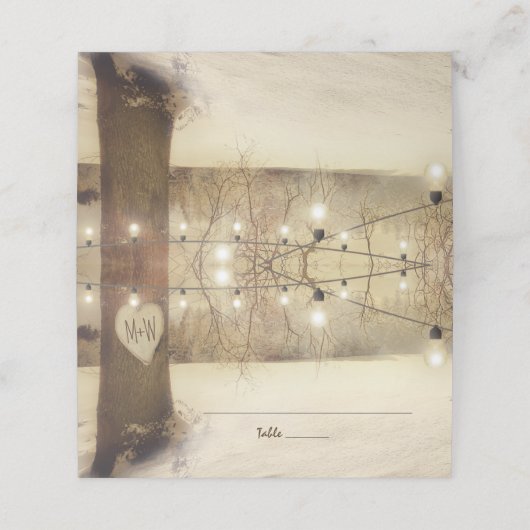 Rustikaler Winterbaum Twinkle Lights Wedding Platzkarte (Außenseite Aufgefaltet)