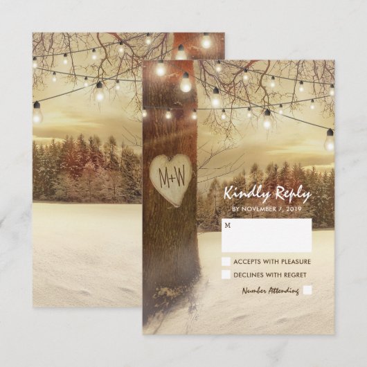 Rustikaler Winterbaum Twinkle Lights Wedding RSVP Karte (Vorne/Hinten)