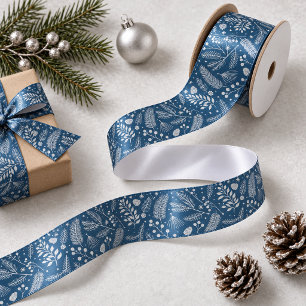 Rustikaler Winterfoliage-Schieferblau Silber ID133 Satinband