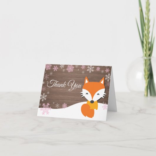 Rustikaler Winterfox Snowflake Pink Dankeschön Kar Dankeskarte (Vorderseite)